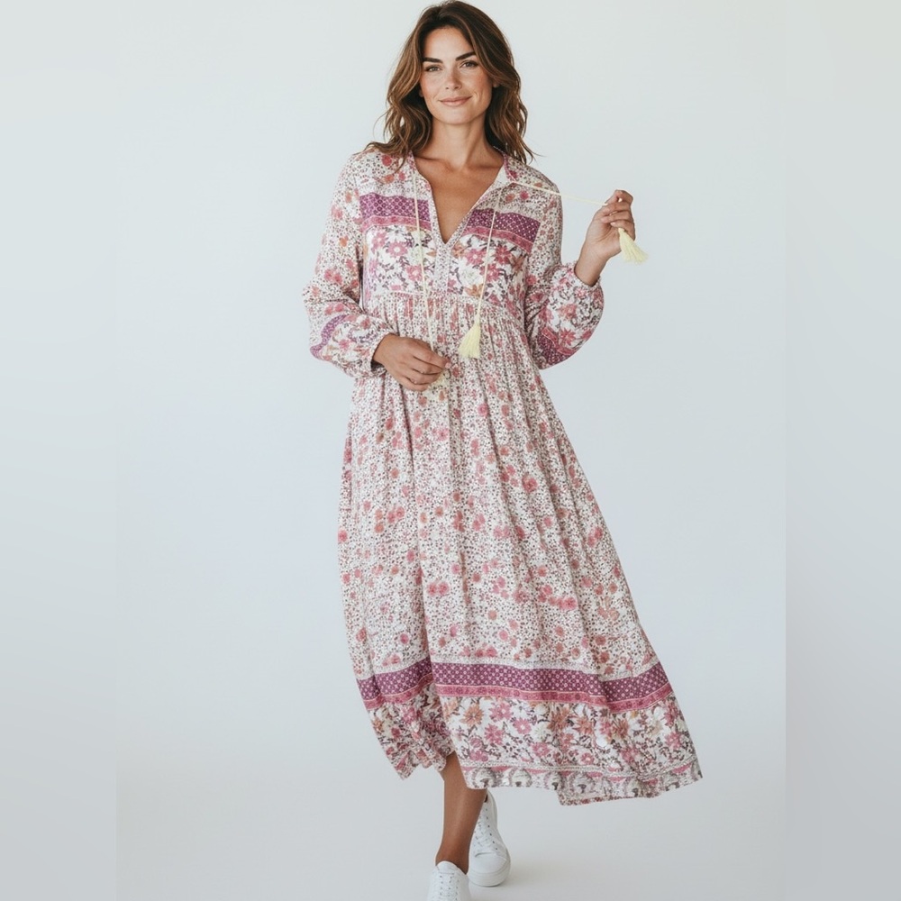 R.Vivimos Women's Floral Print Retro V Neck Tassel Bohemian Midi Dress Size XS